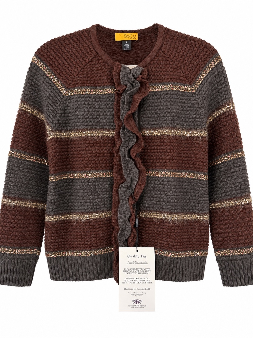 SoCa St. John Ruffle Sequin Cardigan Brown Gray Wool Silk Cashmere S